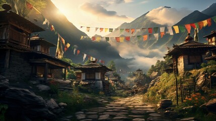 a remote village in the Himalayan foothills, with prayer flags, monasteries, and the spiritual ambiance of the mountainous region