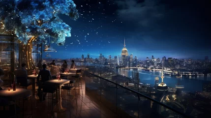 Fotobehang A rooftop bar with a panoramic view of the city's shimmering lights © ra0