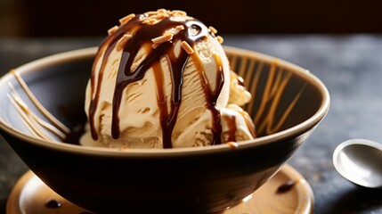 A scoop of rich coffee ice cream, drizzled with velvety espresso sauce