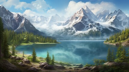 a secluded mountain vista, with snow-capped peaks, a serene alpine lake