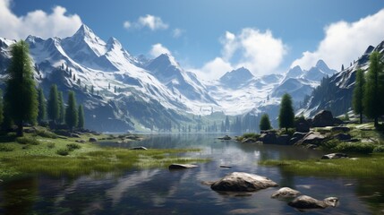 Naklejka na ściany i meble a secluded mountain vista, with snow-capped peaks, a serene alpine lake