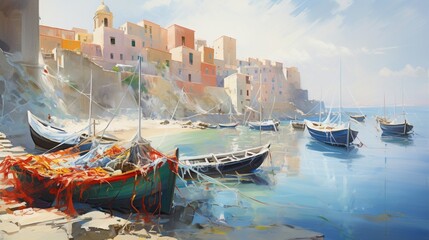 a serene coastal fishing village, with colorful boats, nets drying in the sun - obrazy, fototapety, plakaty