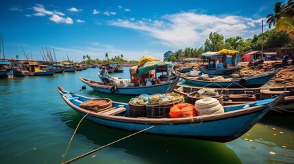 Fototapeta na wymiar a serene coastal fishing village, with colorful boats, nets drying in the sun