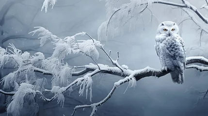 Rolgordijnen A serene snowy owl perched on a frost-covered tree branch © ra0
