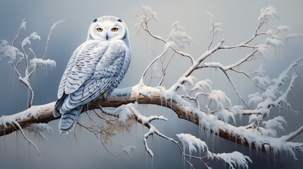 A serene snowy owl perched on a frost-covered tree branch