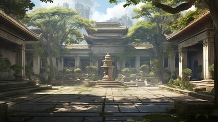 A serene temple courtyard hidden within the urban sprawl