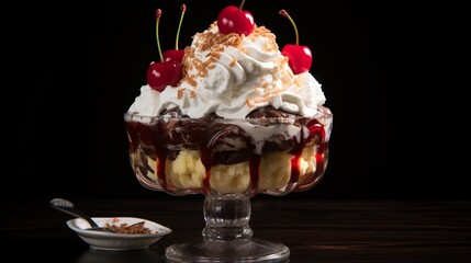 A sundae with layers of hot fudge, whipped cream, and a maraschino cherry - obrazy, fototapety, plakaty