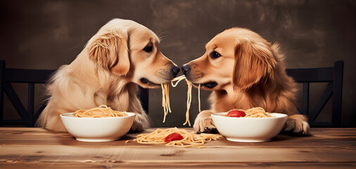 Two golden rottweilers are eating spaghetti. A romantic date in a restaurant