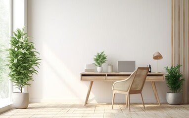 Workplace in bright Scandinavian interior, computer and keyboard on wooden table.  Modern interior design concept.