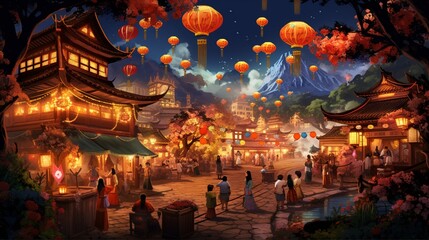 a traditional Asian village during a lantern festival, with illuminated lanterns, vibrant colors,...