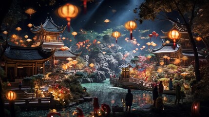 a traditional Asian village during a lantern festival, with illuminated lanterns, vibrant colors, and the enchanting atmosphere