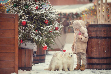 Little boy in beige winter clothes on Christmas fair eating lollipop with two white puppies 