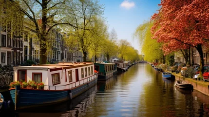 Foto op Plexiglas A tranquil canal lined with historic houseboats, each with its own character © ra0