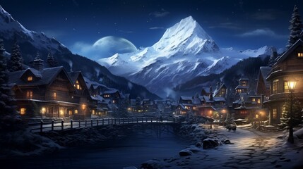 a tranquil mountain village at night, with cozy fires, starry skies, and the peaceful ambiance of alpine evenings