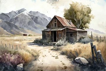 Foto op Plexiglas Old dilapidated barn or shed. A shed built near a mountain in the remote countryside of America or Europe. Rustic and resonant watercolor painting © Koshiro