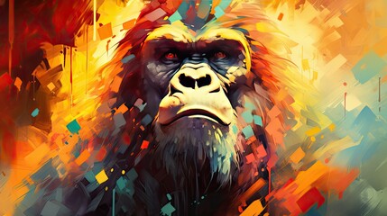 Cubist gorilla colorful abstract painting with happy vibrant vibe. 