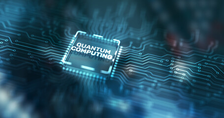 Quantum computing concept. The inscription on the processor icons