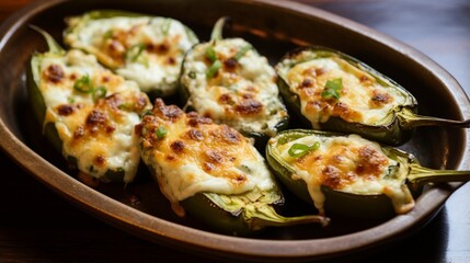 A tray of delectable stuffed jalape?+/-o poppers, oozing with cheese