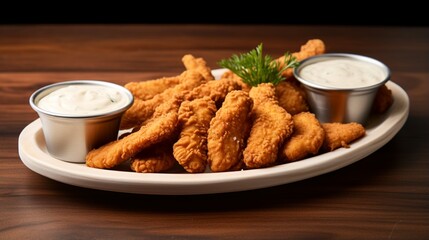 A tray of delectable chicken tenders, served with a side of creamy dipping sauce