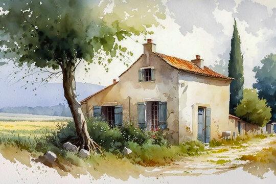 A rural landscape somewhere in Europe or France. A fine mansion can be seen in image. Rustic and resonant watercolor painting