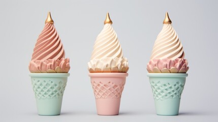 A trio of mini ice cream cones in elegant pastel shades