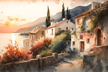 View of a country town somewhere in Greece. It is sunset time and the sky is changing to beautiful red. Traditional stone houses, beautiful sea and boats. Rustic and resonant watercolor painting.