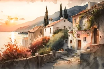 Tuinposter View of a country town somewhere in Greece. It is sunset time and the sky is changing to beautiful red. Traditional stone houses, beautiful sea and boats. Rustic and resonant watercolor painting. © Koshiro