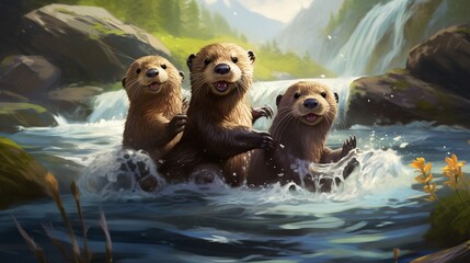 A trio of playful otters frolicking in a sparkling mountain stream