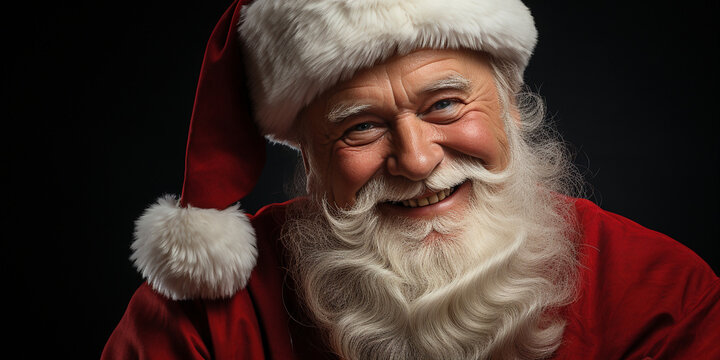 Nikolaus Gesicht mit M&uuml;tze und Bart lacht in die Kamera Nahaufnahme Querformat f&uuml;r Banner, ai generativ
