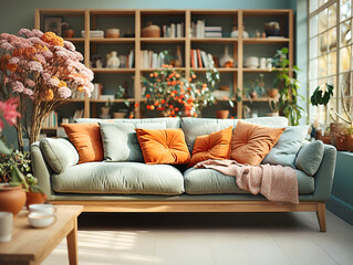 Mint sofa with orange pillows against bookcase. Home library. Scandinavian interior design of modern living room.