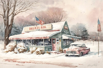 The exterior of an American diner building from about the 50's or 60's. A country diner in a snowy winter season. Colorful, pop, retro old American art style. Rustic and resonant watercolor painting.