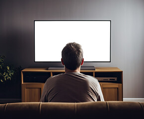 Man in a sofa staring at a TV on a wall with transparent texture. Concept of streaming, binge watching and screen time. Shallow field of view.