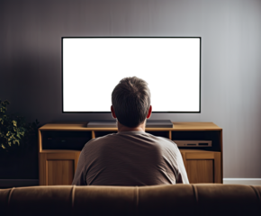 Man in a sofa staring at a TV on a wall with transparent texture. Concept of streaming, binge watching and screen time.  Shallow field of view.