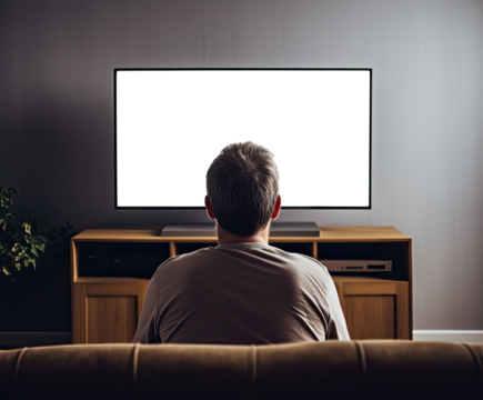 Man in a sofa staring at a TV on a wall with transparent texture. Concept of streaming, binge watching and screen time.  Shallow field of view.