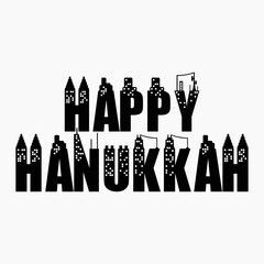 Happy Hanukkah lettering with chandelier vector illustration.