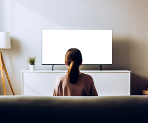 Woman in a sofa staring at a TV on a wall with transparent texture. Concept of streaming, binge watching and screen time.  Shallow field of view.