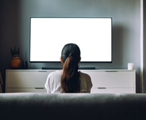 Woman in a sofa staring at a TV on a wall with transparent texture. Concept of streaming, binge watching and screen time.  Shallow field of view.