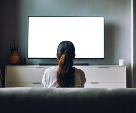 Woman in a sofa staring at a TV on a wall with transparent texture. Concept of streaming, binge watching and screen time.  Shallow field of view.