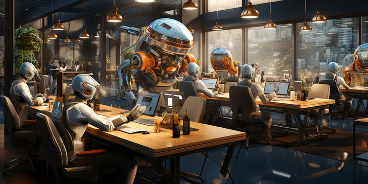 Viele Roboter am Fließband Labor im futuristischen Stil für die Zukunft im Querformat für Banner, ai generativ