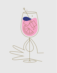 Hand holding glass of spritz cocktail drawing in flat line style on beige background