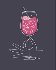 Hand holding glass of spritz cocktail drawing in flat line style on dark blue background