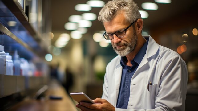 Doctor Intently Reviewing A Patient's Electronic Health Records On A Tablet.