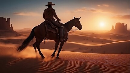 silhouette of a cowboy on a horse, wearing a hat, riding off into the sunset in the desert - obrazy, fototapety, plakaty