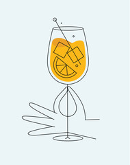 Hand holding glass of spritz cocktail drawing in flat line style on light background