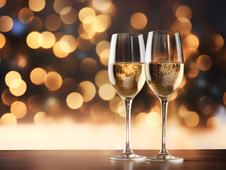 Two glasses of champagne on table, blurred golden background with lights