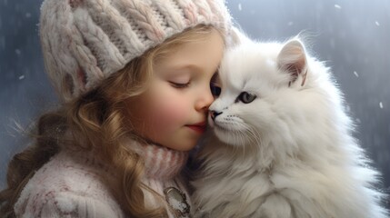 A little girl hugging a white cat in the snow