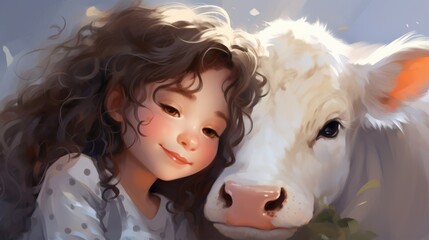 A little girl is hugging a cow