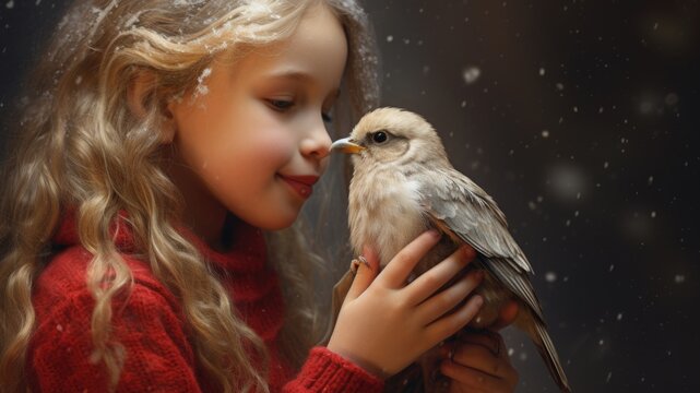 A little girl holding a bird in her hands