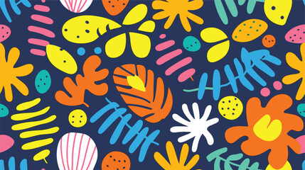Abstract summer art seamless pattern with colorful nature doodles. Organic flat cartoon background, tropical vacation shapes in bright childish colors. Floral hawaiian print, exotic travel texture