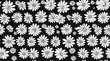 Black and white floral seamless pattern illustration. Vintage 70s style hippie flower background design. Y2k nature backdrop with daisy flowers